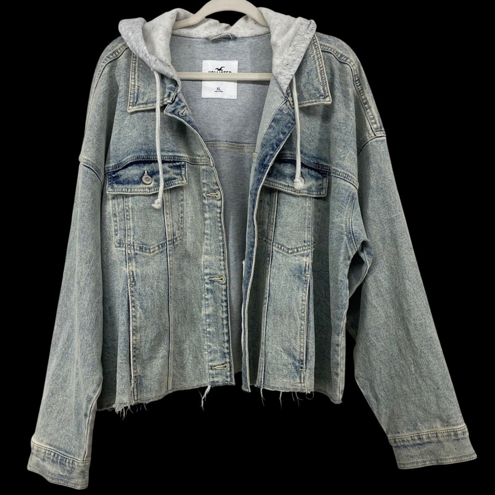 Hollister‎ Size XL Hooded Denim Jacket Light Acid Wash Frayed Hem Womens Gray